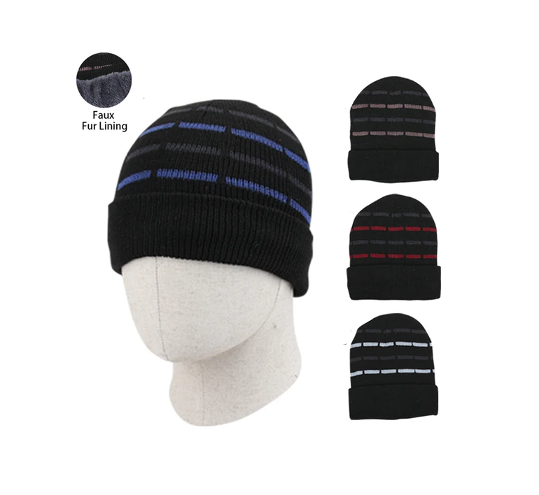 Thermax Men's Winter Stripe Beanie Hat With Fur Lining 12/bx