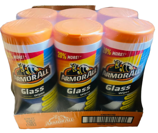 A box of Armor All Glass Wipes with individual wipe packets visible. The packaging is primarily orange and white with the product name and branding prominently displayed.