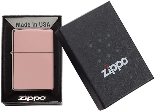 rose gold Zippo lighter in a black box with Zippo branding