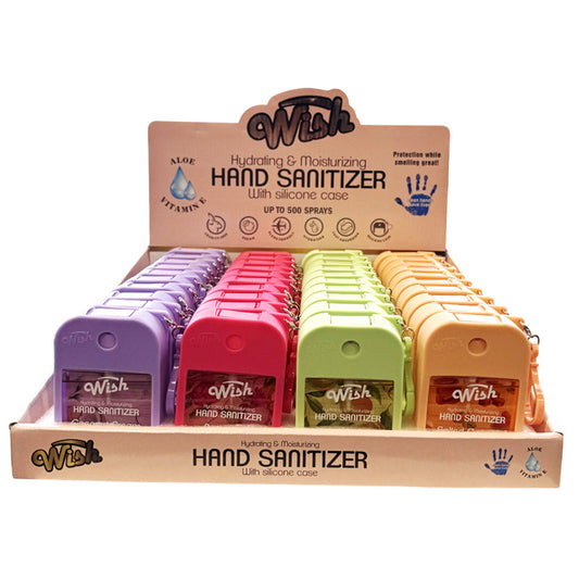 Display of Wish hand sanitizers in various colors with a cardboard backing.