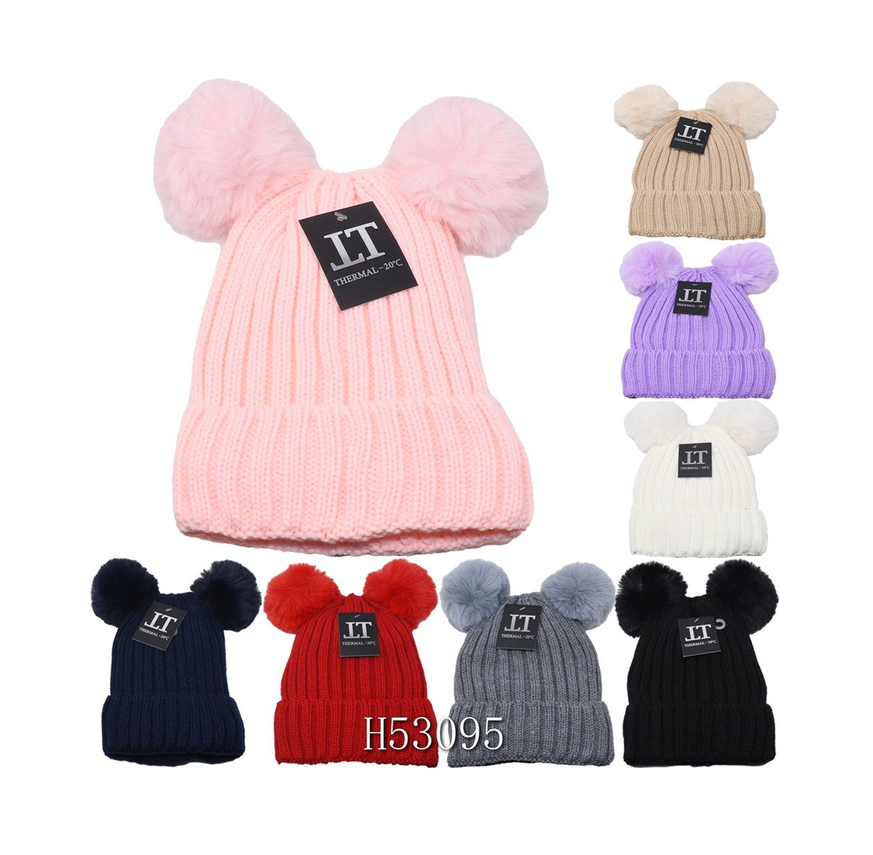 Women Knitted Double Pom-Pom Hat w/ Fur Lining 12/bx
