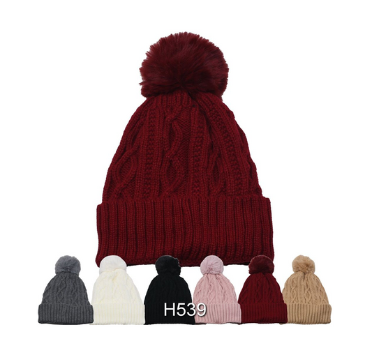 Women Knitted Pom-Pom Hat w/ Fur Lining 12/bx