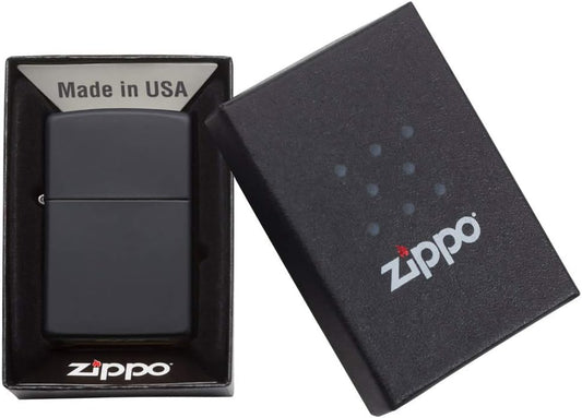 Black Zippo lighter in open box with Zippo branding