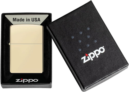 Champagne Zippo lighter in a black box with 'Made in USA' and Zippo logo.