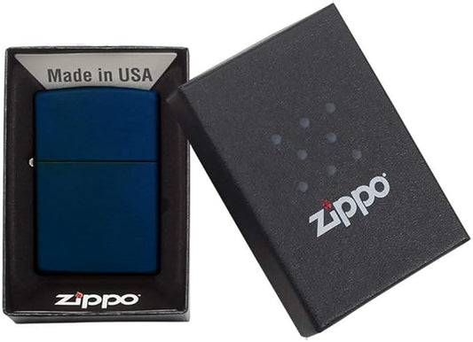navy Zippo lighter in a black box with 'Made in USA' text