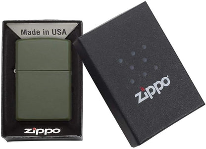 Zippo green lighter in a black box with Zippo branding