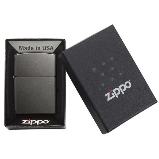 Zippo lighter in packaging with Zippo logo visible