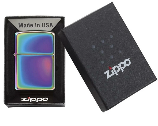 Zippo lighter with multicolor design in a black box with Zippo branding.