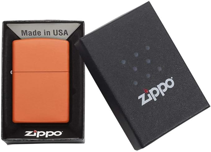 Orange Zippo lighter in a black box with 'Made in USA' and Zippo logo.