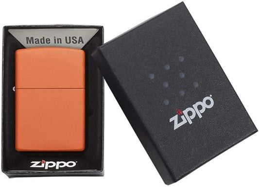Orange Zippo lighter in a black box with 'Made in USA' and Zippo logo.