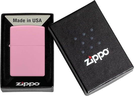 Pink Zippo lighter in a black box with Zippo logo
