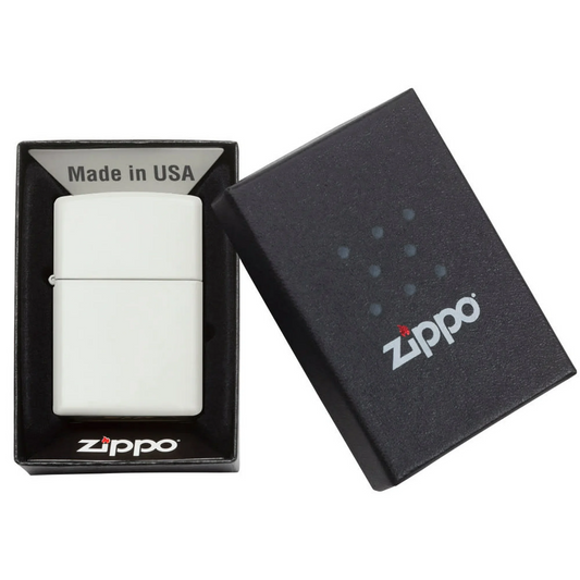 White Zippo lighter in a black box with Zippo branding on a white background
