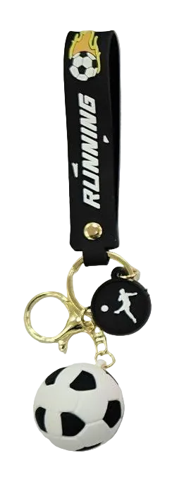 Keychain with soccer ball and running figure design on a white background