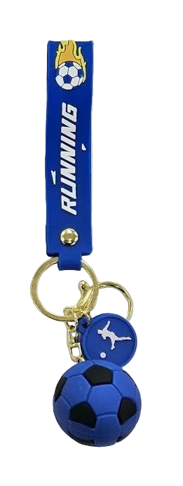 Blue keychain with soccer ball design and 'Rlunning' branding on a white background