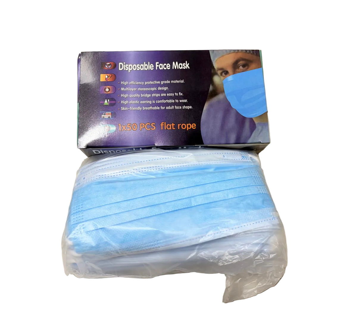 A stack of light blue disposable face masks in a clear plastic wrapper placed in front of their retail packaging box, which features a picture of a medical professional wearing a mask.