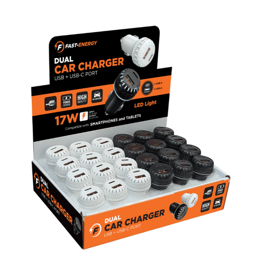 Dual Car Plug USB w/Type C 24/bx