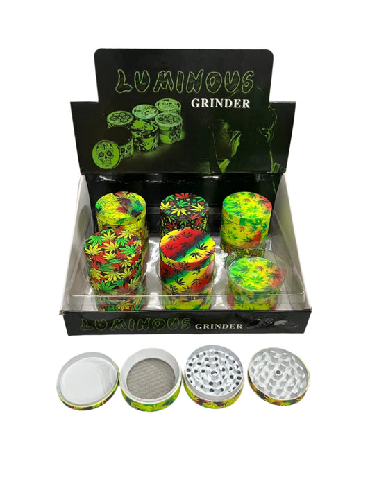 Marijuana Glow In Dark 4 Part 37mm Tobacco Grinders 12/bx