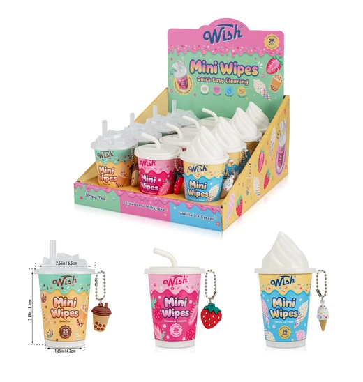 Wish Mini Cleaning hand Wipes with Charms Keychain 12/display