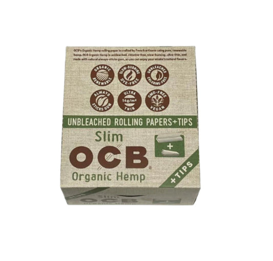 OCB Organic Hemp Slim+Tips Rolling Papers 24/bx