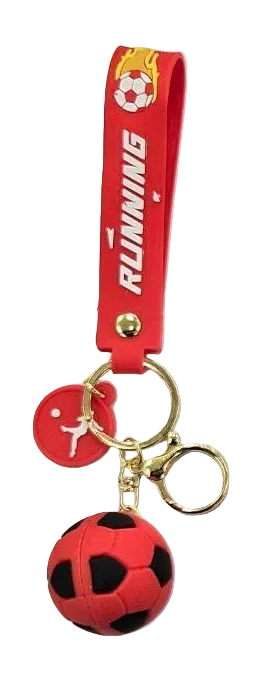 Red keychain with soccer ball charm and 'Running' strap on a white background