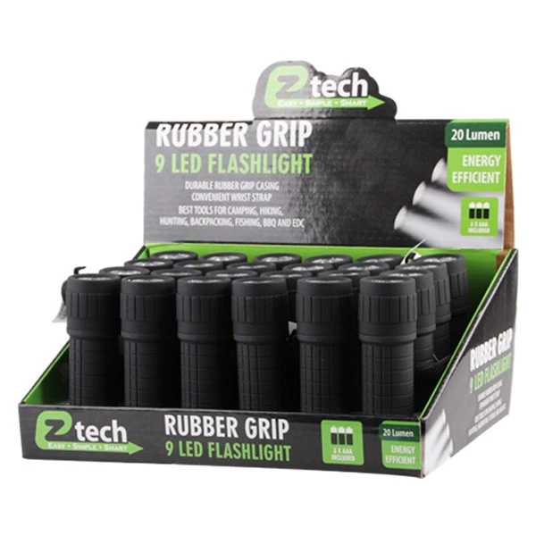 Rubber Grip 9 LED Flashlight w/ Battery 24/display