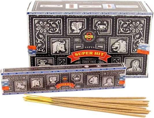A box of Satya Super Hit incense with individual packets and incense sticks 