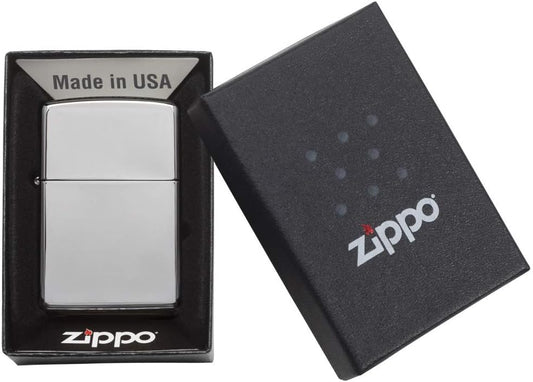 Zippo lighter in a black box with Zippo branding